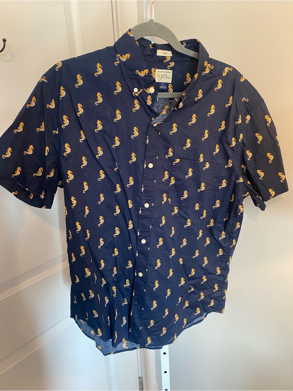 J. Crew Navy Short-Sleeve Button-Down with Yellow Seahorse Print L